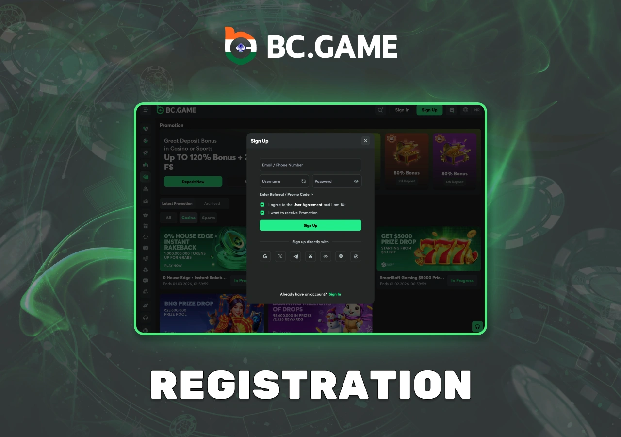 The process of registering an account at BC Game online casino